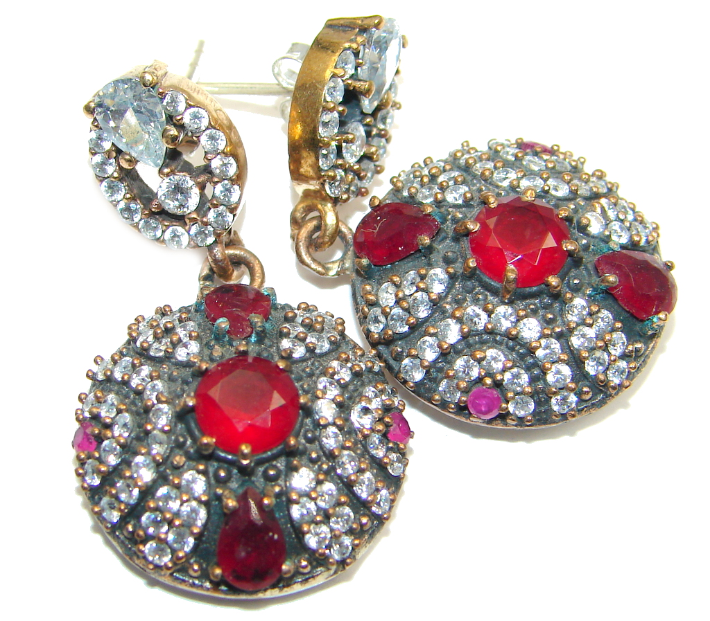 Large Victorian Style created Red Ruby Sterling Silver chandelier earrings