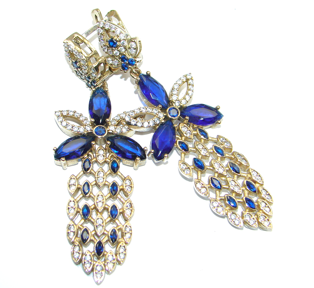 Huge Victorian Style created Sapphire & White Topaz Sterling Silver earrings