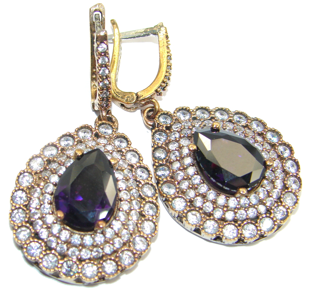 Huge Victorian Style created Sapphire & White Topaz Sterling Silver earrings