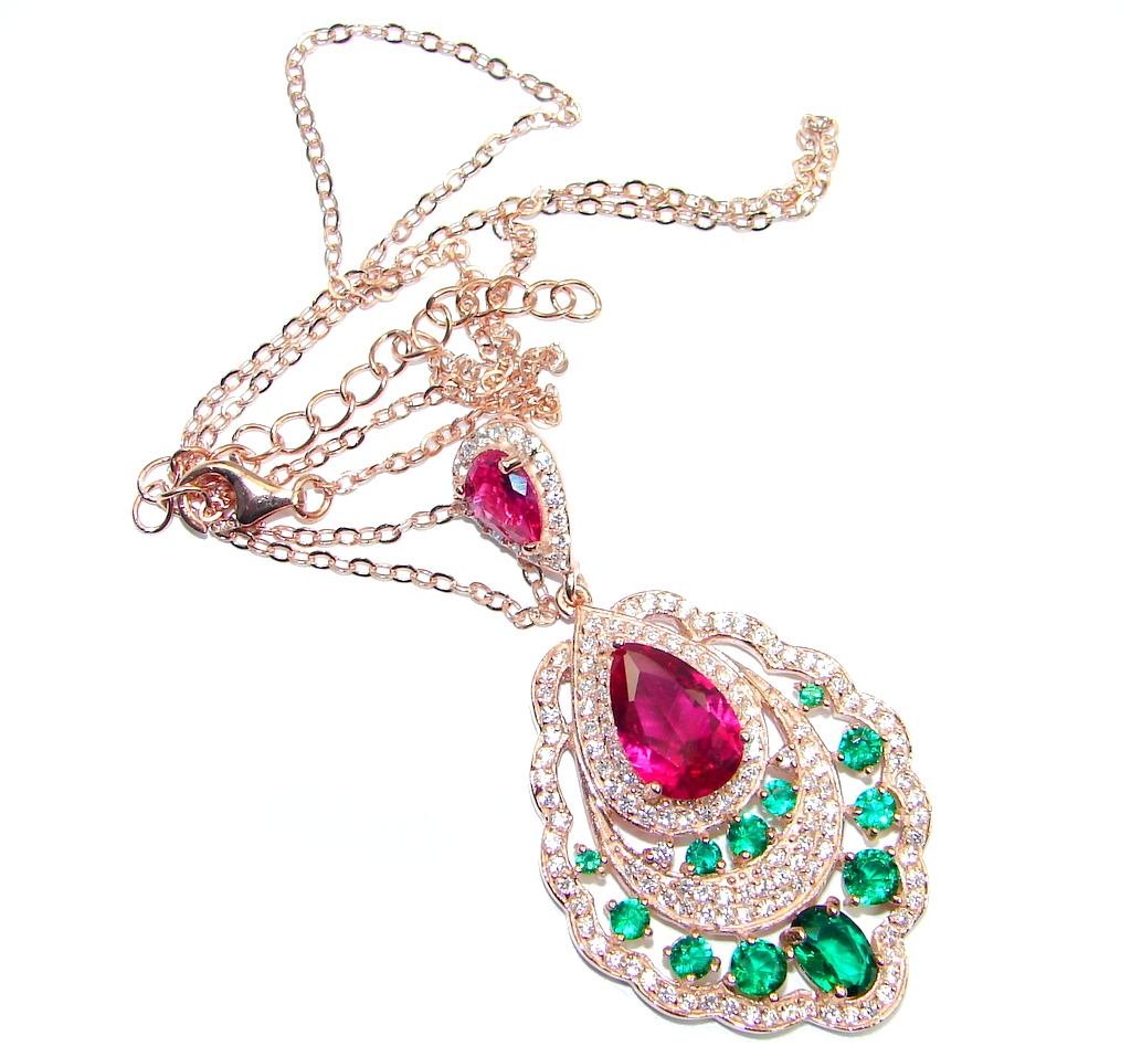 Rare created Ruby Emerald Rose Gold plated over 925 Sterling Silver Necklace