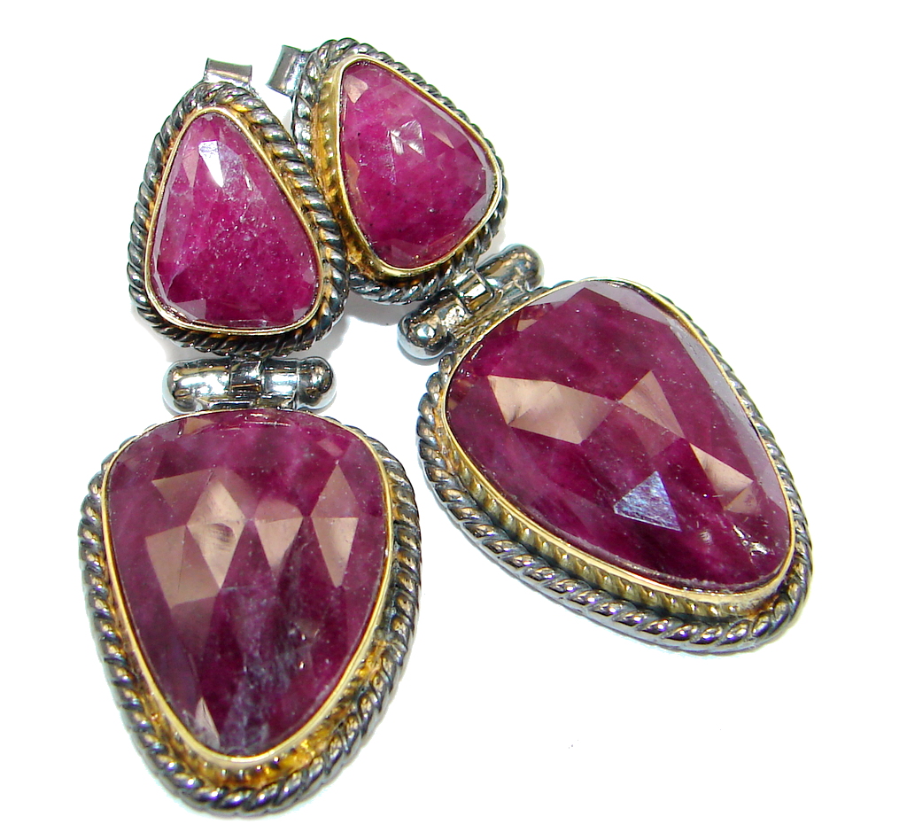 Trendy Ruby 18ct Gold Rhodium plated over Sterling Silver handmade stud earrings