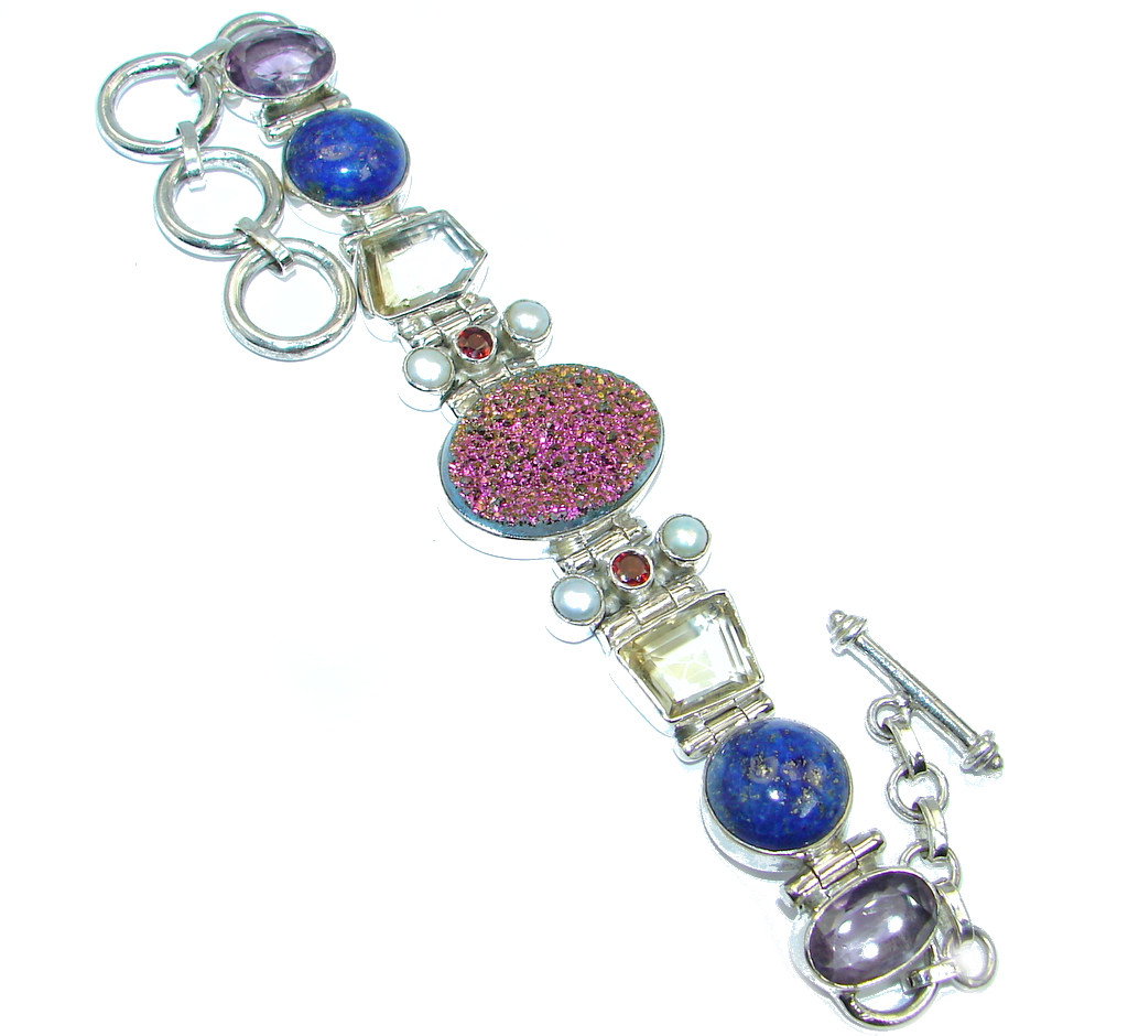 Exclusive Design Titanum Druzy Pearl Lapis Lazuli Sterling Silver Bracelet