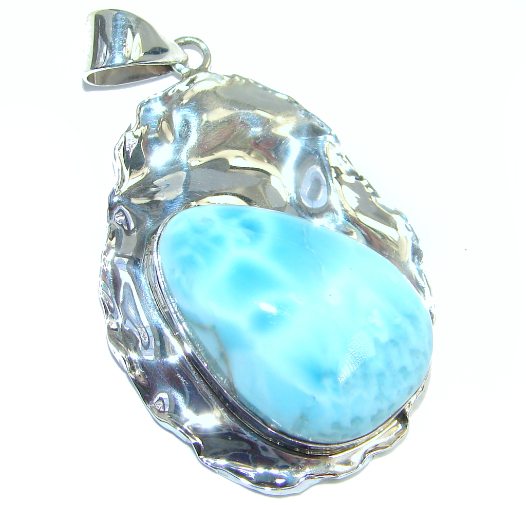 Rare Larimar hammered Moonstone Sterling Silver handmade Pendant