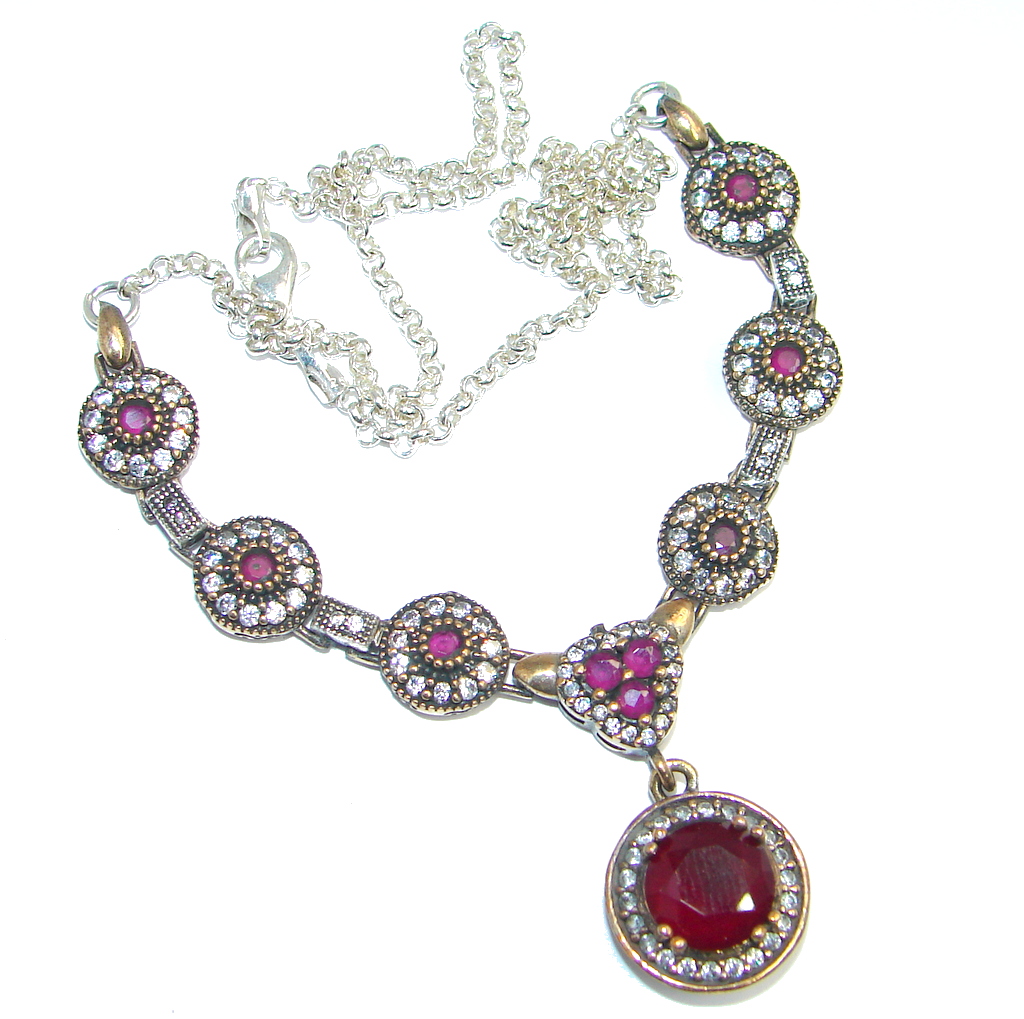Victorian created Ruby Emerald & White Topaz Sterling Silver necklace