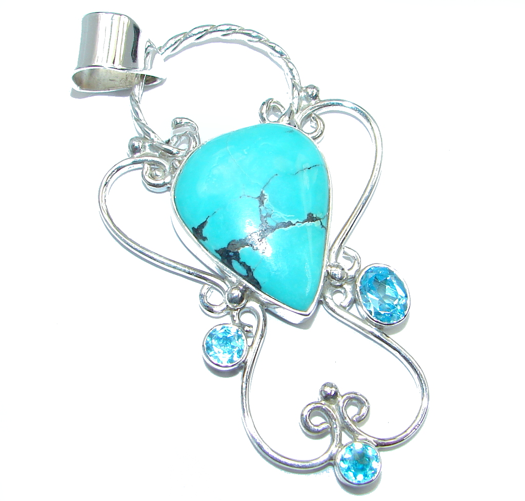 Genuine Swiss Blue Topaz Turquoise Sterling Silver handmade Pendant