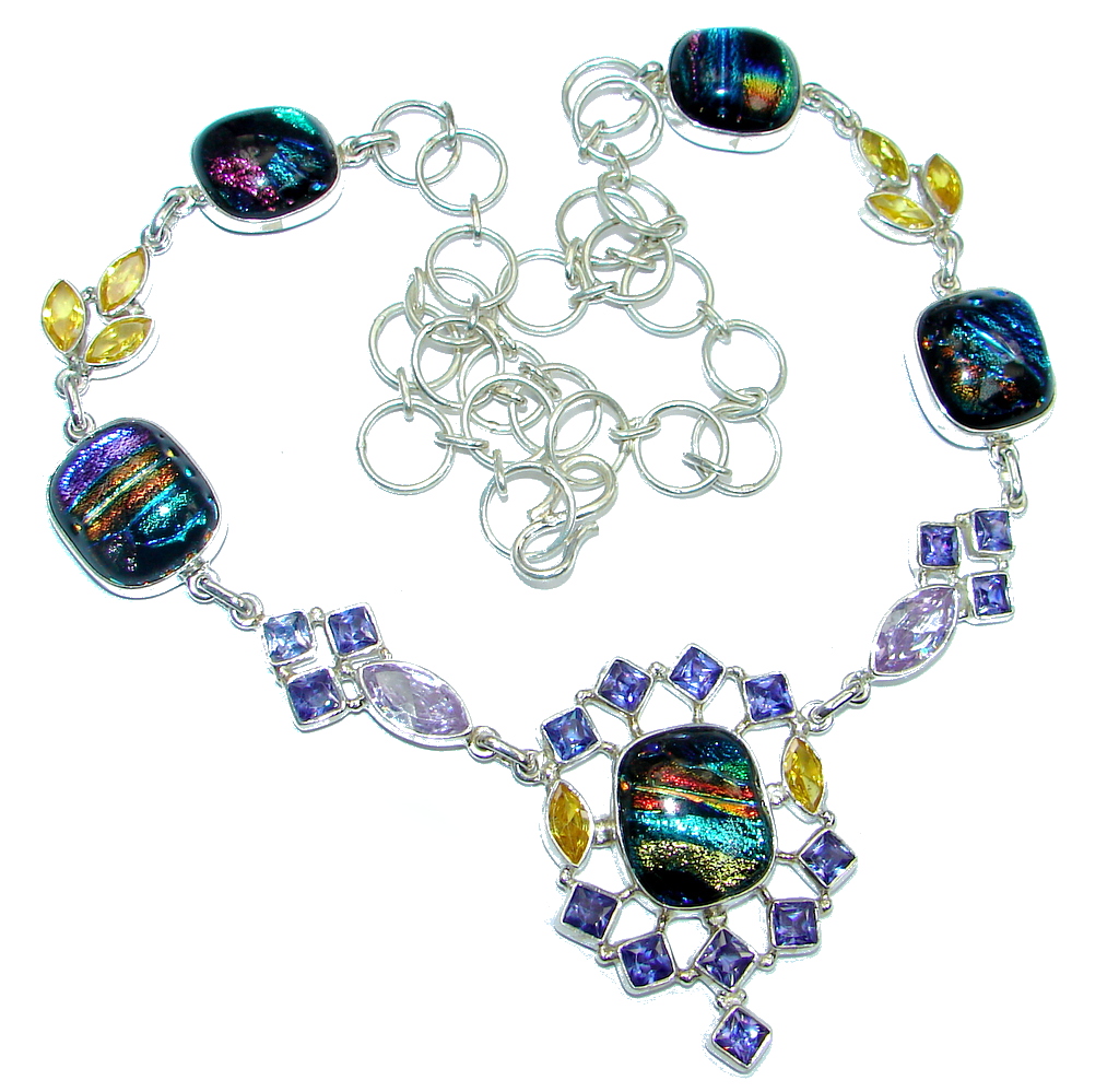 Mystical Eye Rainbow Dichroic Glass Sterling Silver handmade necklace