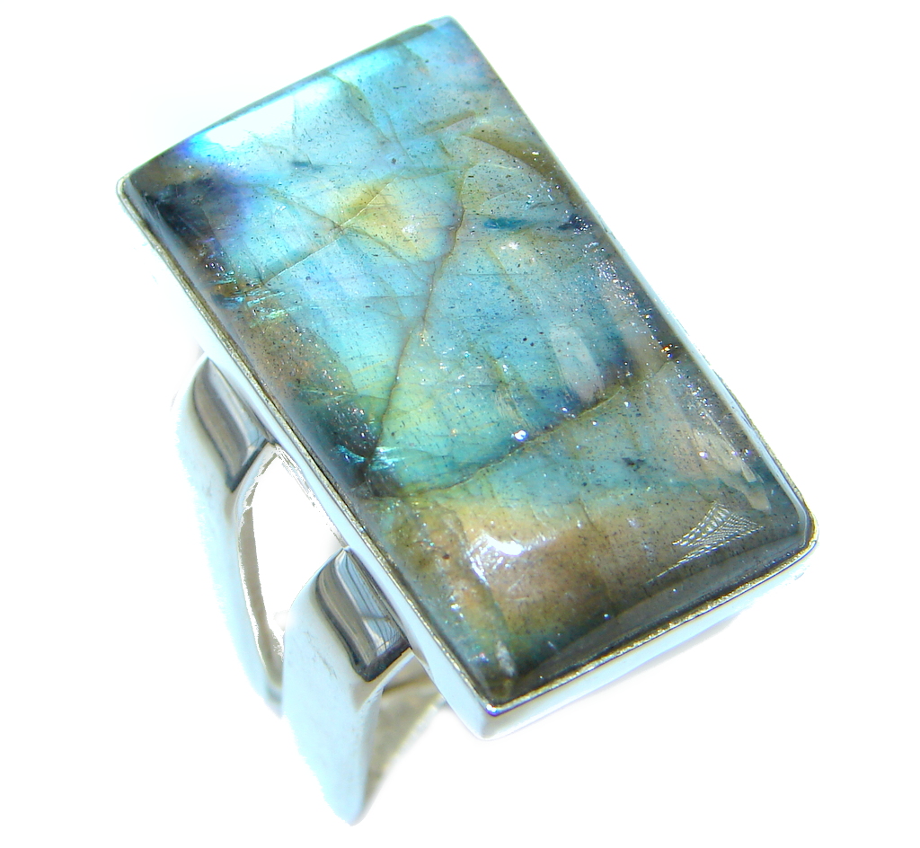 Big Blue Aura Fire Labradorite Sterling Silver ring size 7