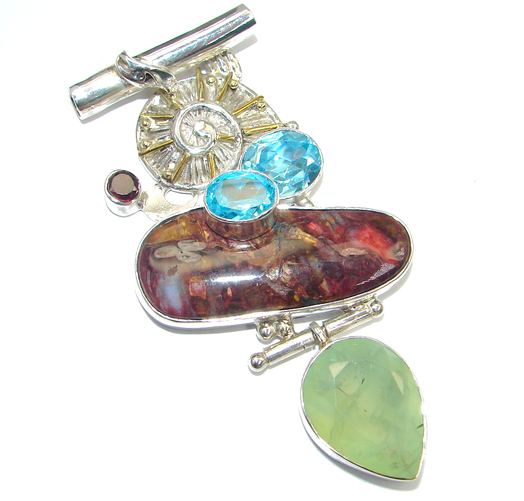 Huge Genuine Golden Pietersite Swiss Blue Topaz Sterling Silver handmade pendant
