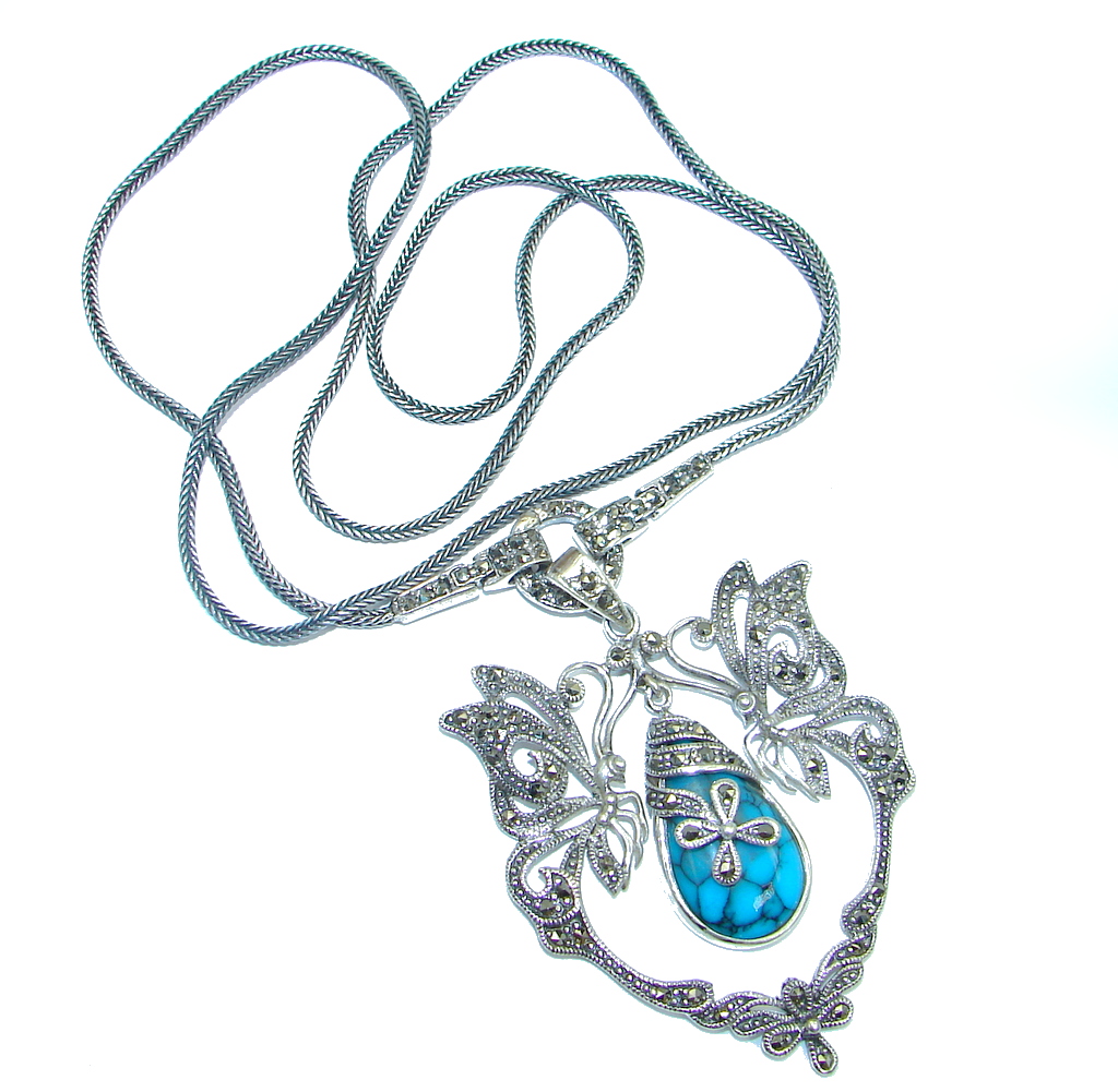 Gorgeous Natural Blue Turquoise Marcasite 925 Sterling Silver 24 inch Necklace