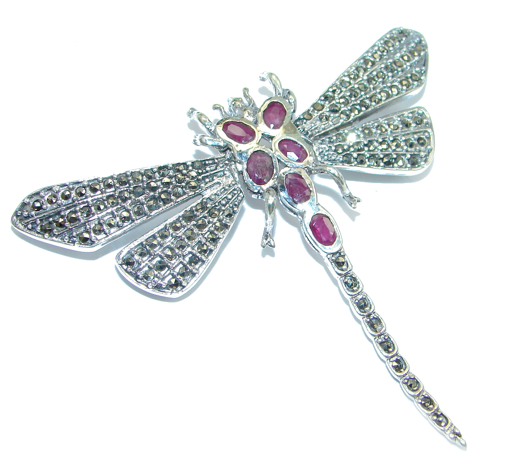 Huge Dragonfly Red Ruby Marcasite 925 Sterling Silver Big Brooch