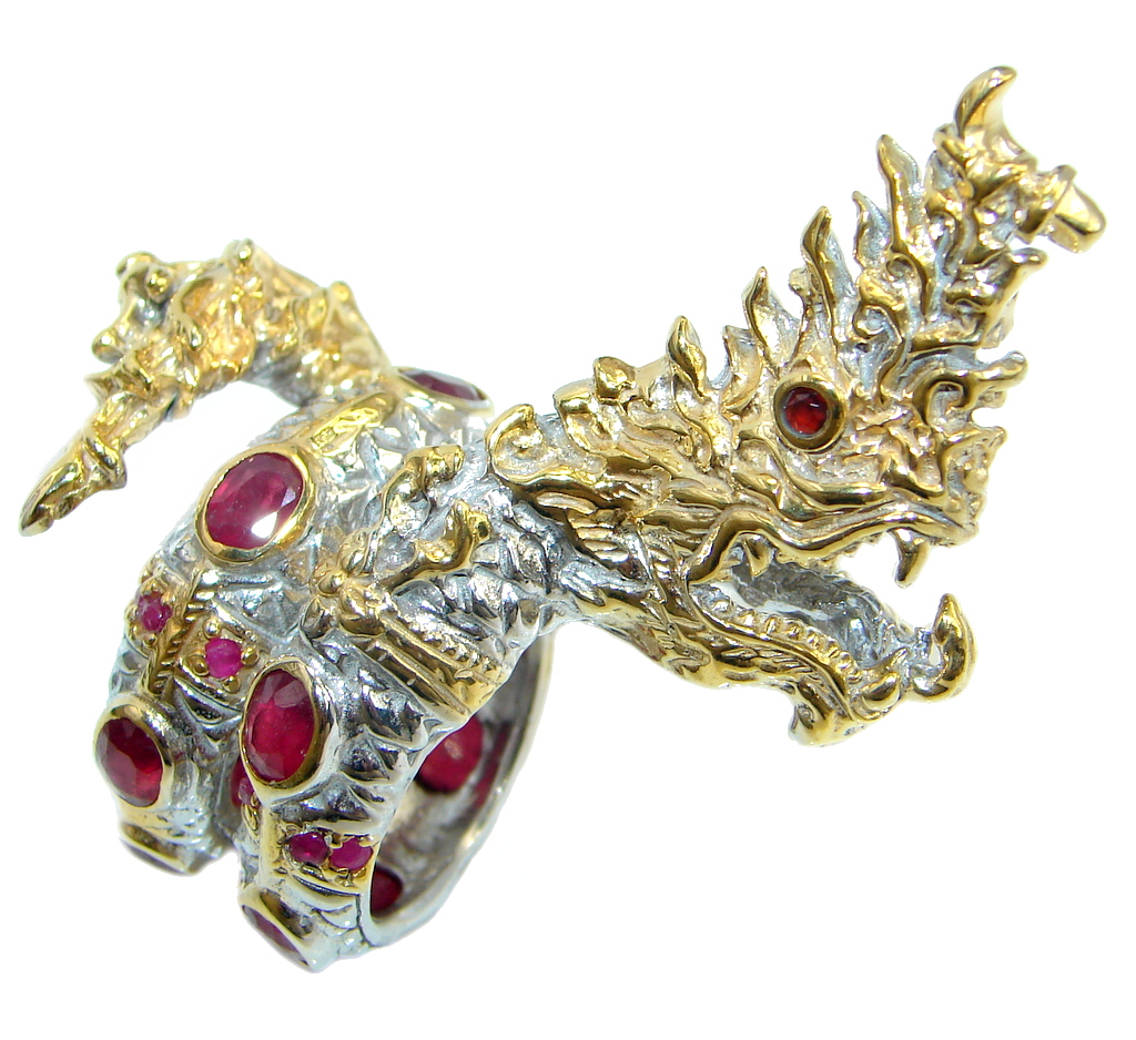 Jumbo 35.7 grams Top Blood Red Ruby Two Tones 925 Sterling Silver Thai Dragon Ring s. 8
