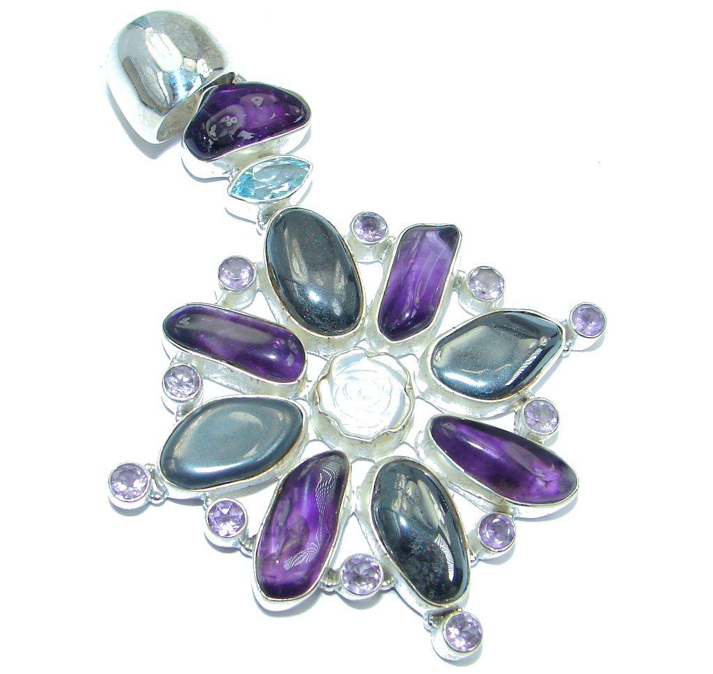 Large Magnificent Flower Hematite Amethyst sterling Silver handmade Pendant