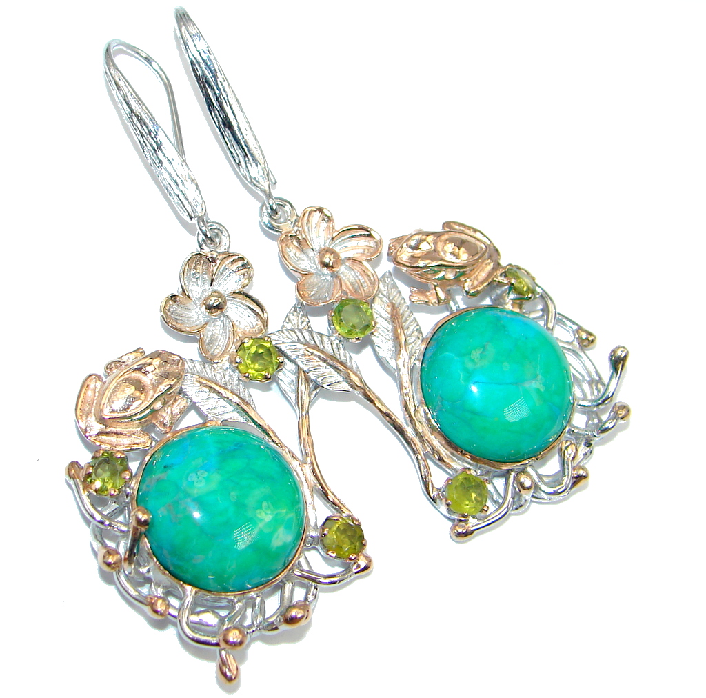 Golden Frogs Parrot's Wing Chrysocolla Peridot Gold plated over Sterling Silver earrings