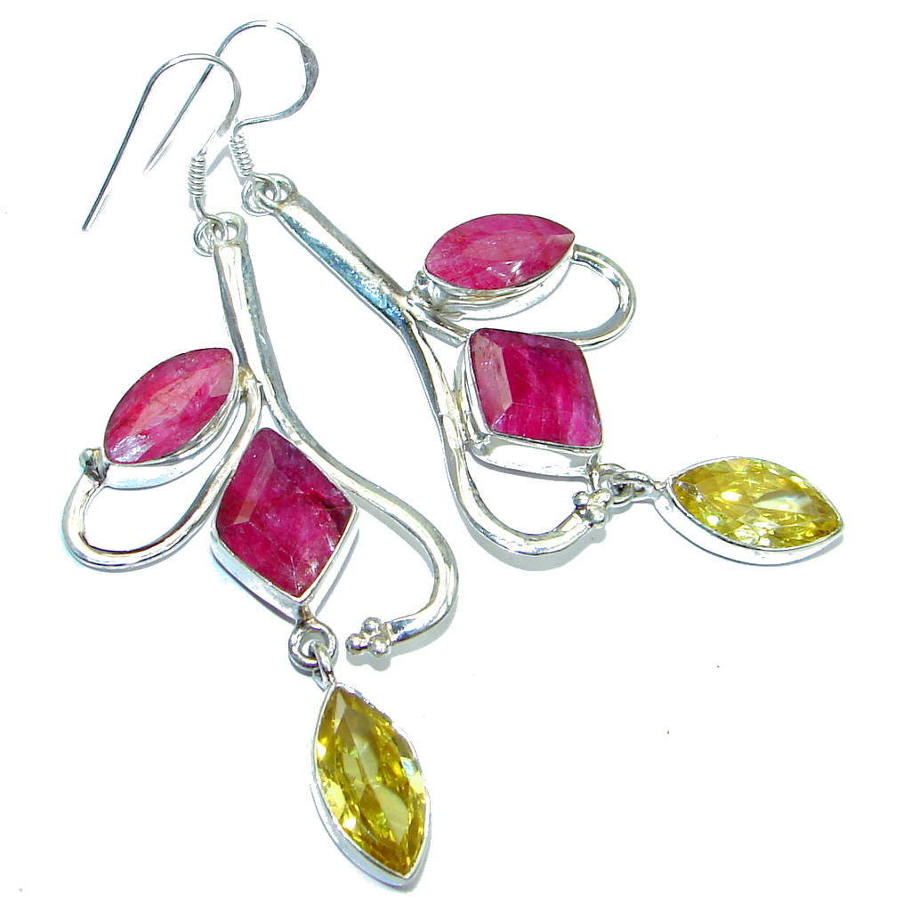 Unique Red Ruby CZ Sterling Silver chandelier earrings