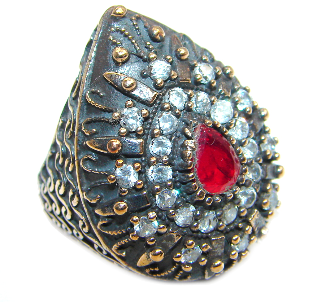 Large Victorian Style created Ruby & White Topaz Sterling Silver ring; s. 6