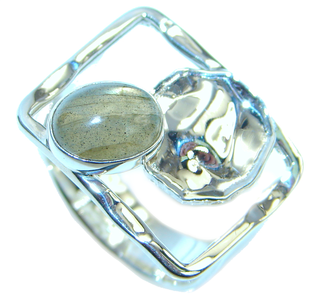 Blue Aura Fire Labradorite hammered Sterling Silver ring size 8 1/4