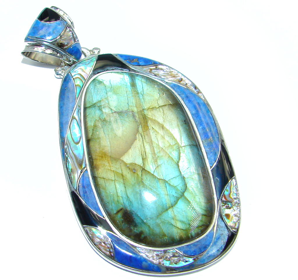 Huge 31.9 grams Blue Labradorite inlay Lapis Lazuli Sterling Silver handmade Pendant