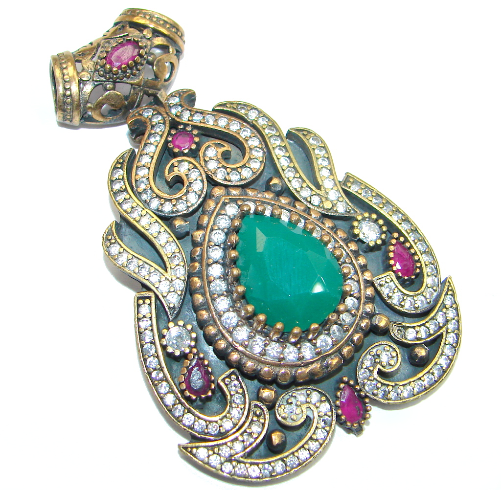 Victorian Style created Emerald Two tones Sterling Silver Pendant