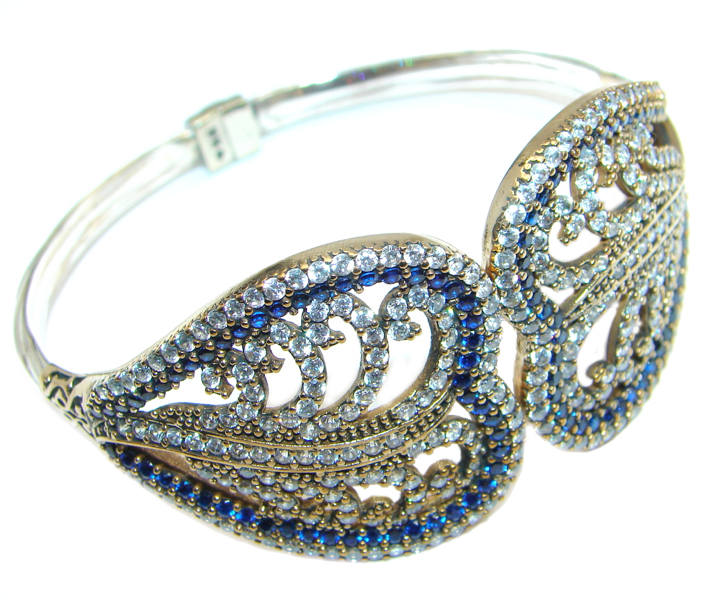 Victorian Style Created Sapphire & White Topaz copper covered Sterling Silver Bracelet / Cuff
