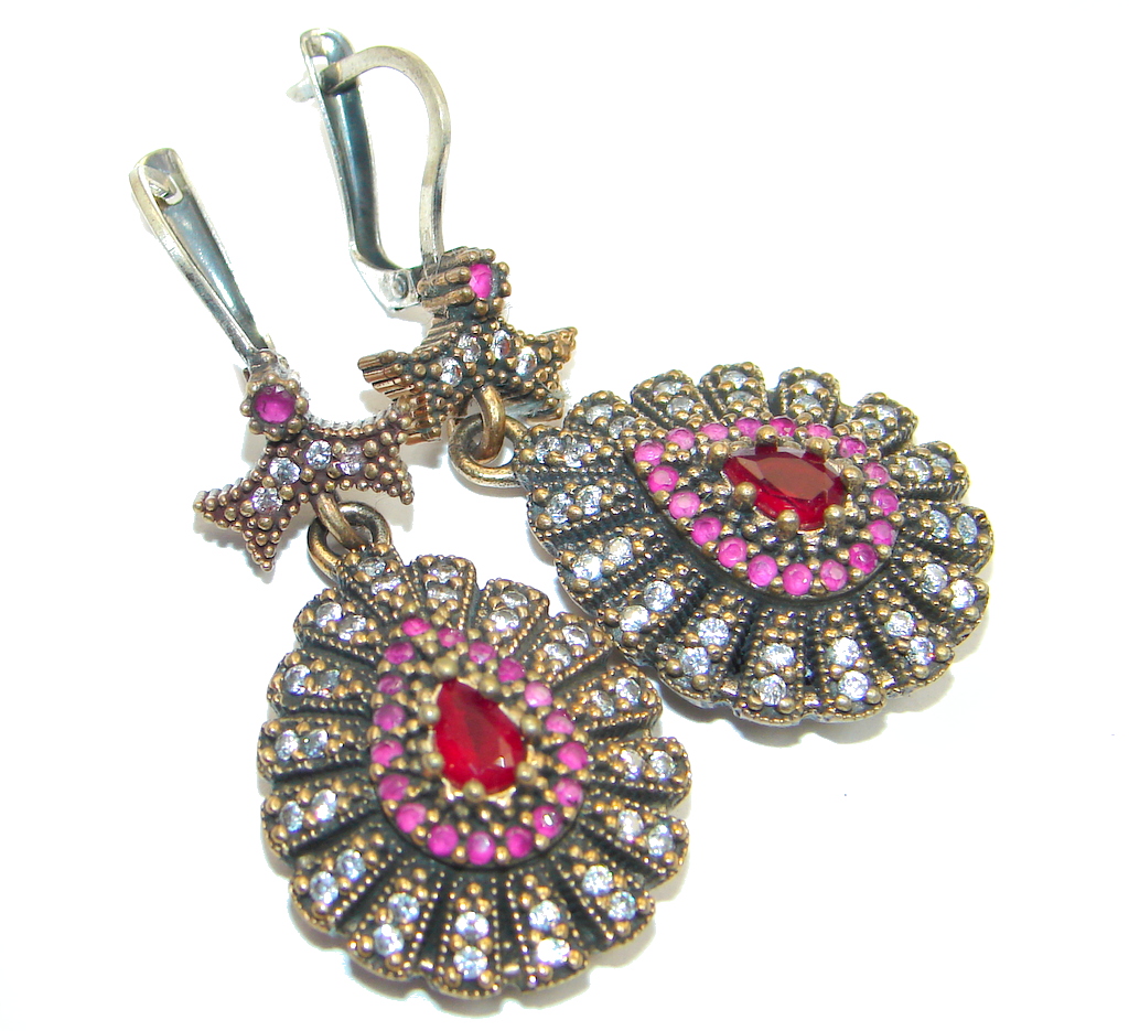 Huge Victorian Style created Red Ruby Sterling Silver earrings