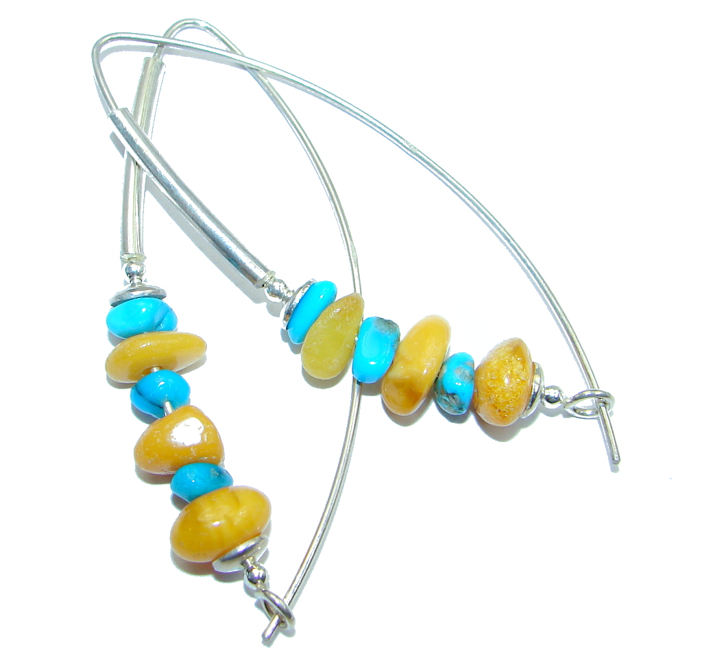 Genuine Long Baltic Polish Amber Sleeping Beauty Turquoise Sterling Silver Earrings