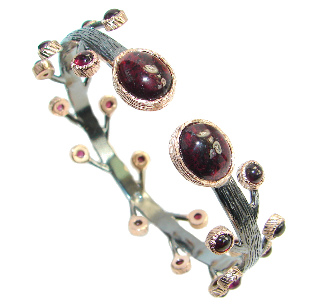 Chunky Genuine Garnet Gold Rhodium plated over Sterling Silver Bracelet / Cuff