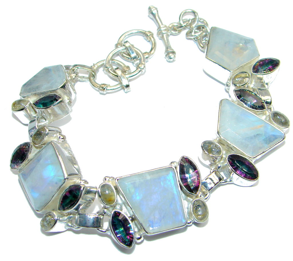 Huge Real Treasure Fire Moonstone Sterling Silver handmade Bracelet