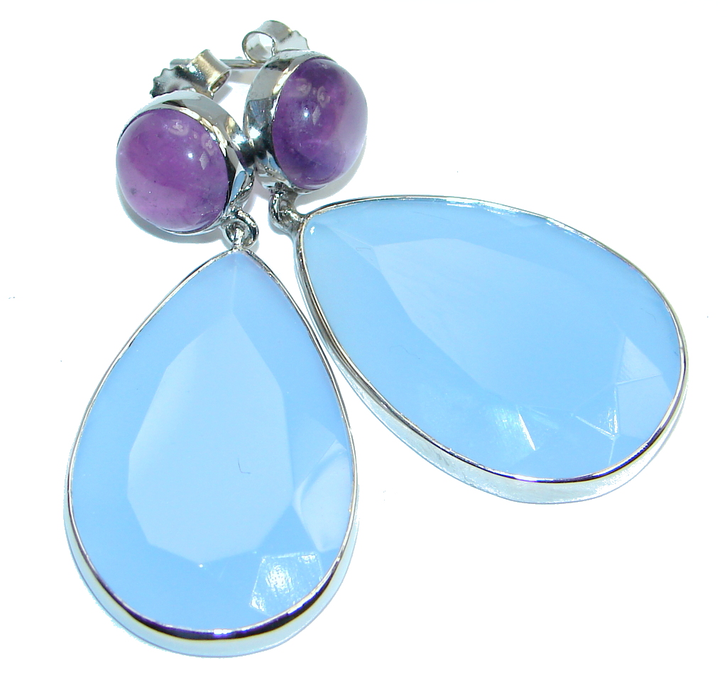 Excellent Chalcedony Agate Amethyst Sterling Silver stud earrings