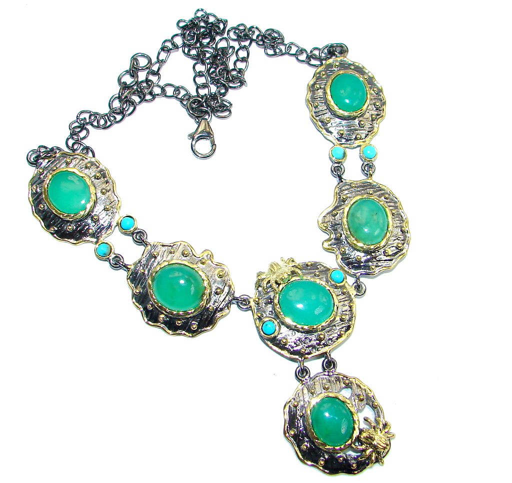 Tropical Beauty genuine Moss Prehnite & Sleeping Beauty Turquoise Gold plated over Sterling Silver necklace