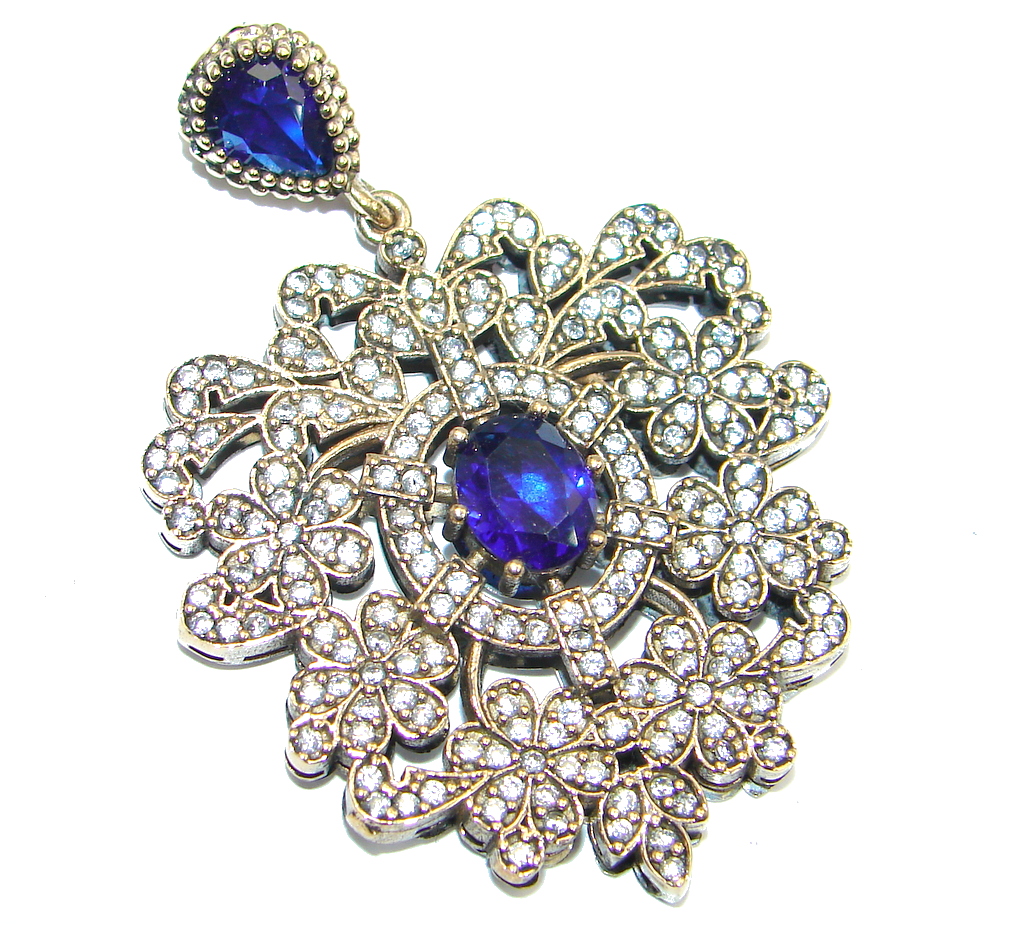 Victorian Style Created Blue Sapphire & White Topaz Sterling Silver Pendant
