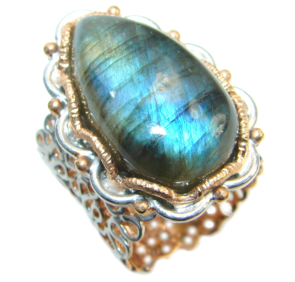 Beautiful Fire Labradorite Two Tones Sterling Silver Ring size 7 1/2