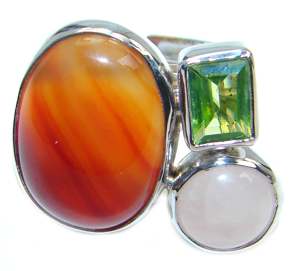 Fresh Green Peridot Carnelian Sterling Silver ring; sizde adjustable