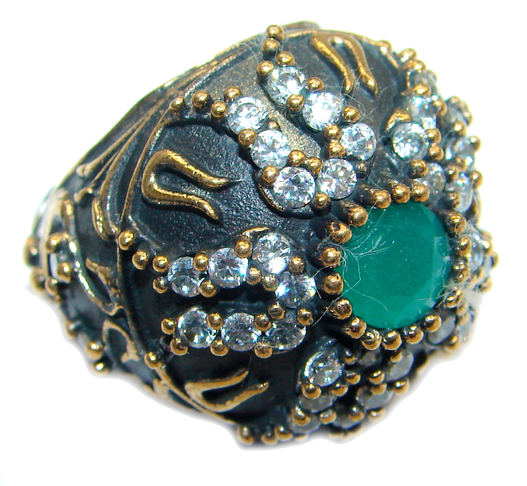 Victorian Style created Emerald & White Topaz Copper over Sterling Silver ring; s. 6 1/4