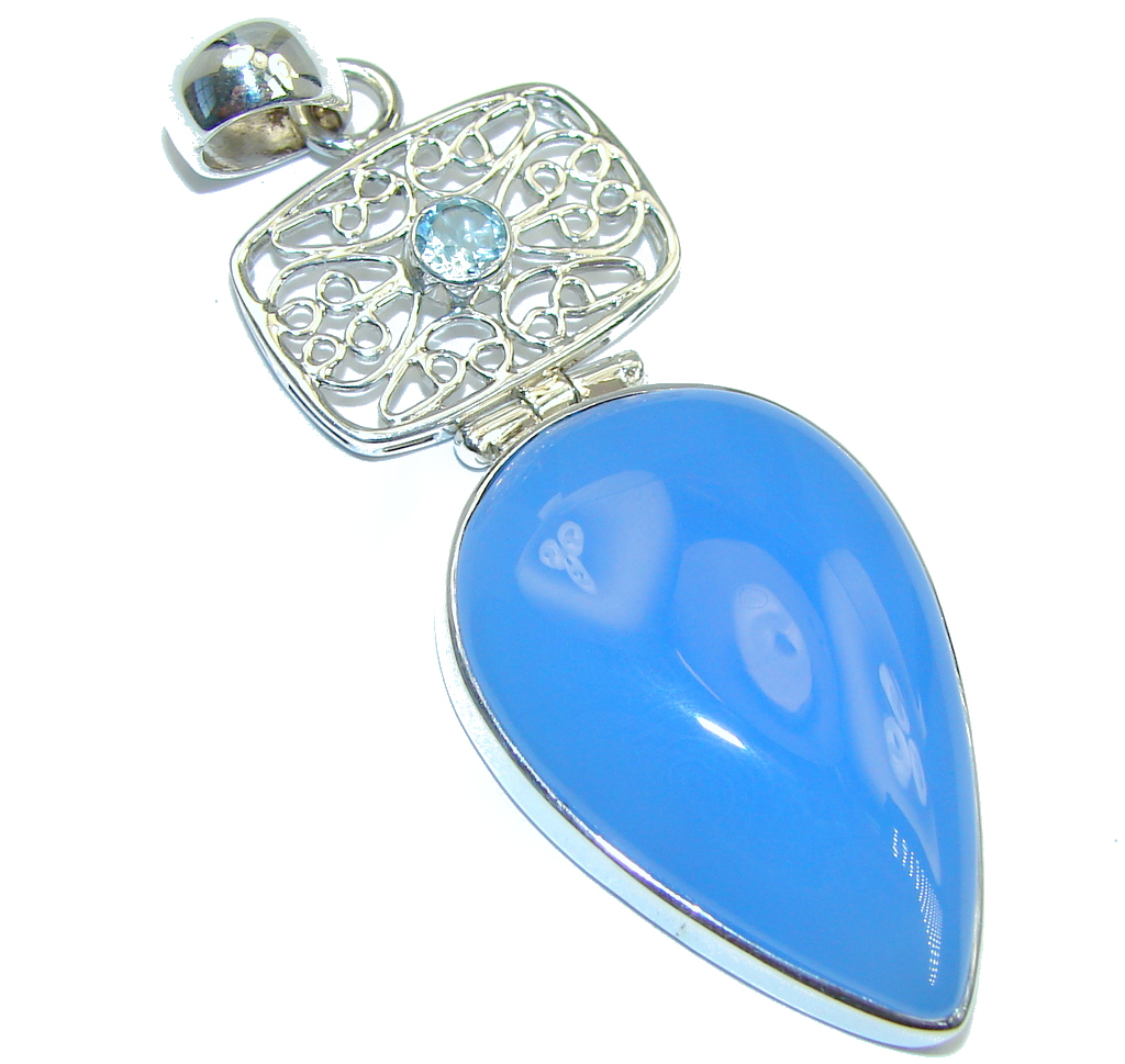 Blue Aura Chalcedony Agate Swiss Blue Topaz Sterling Silver handmade Pendant