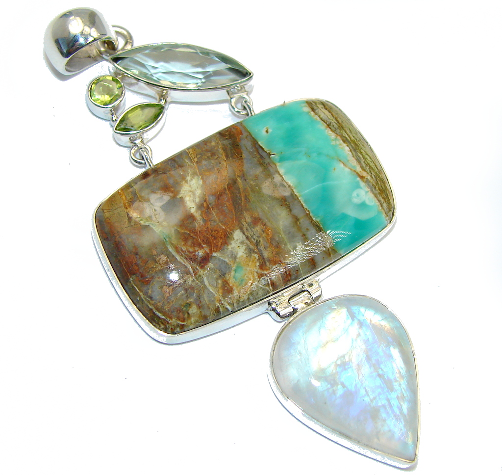Luxurious Peruvian Opal Fire Moonstone Sterling Silver handmade Pendant