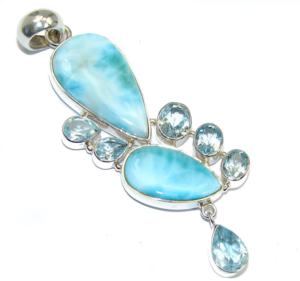 Sublime 3 inch long Larimar Blue Swiss Topaz Sterling Silver handmade Pendant