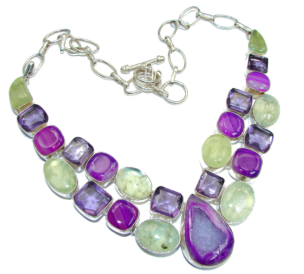 Fantasy Genuine Moss Prehnite Agate Amethyst Sterling Silver handmade necklace