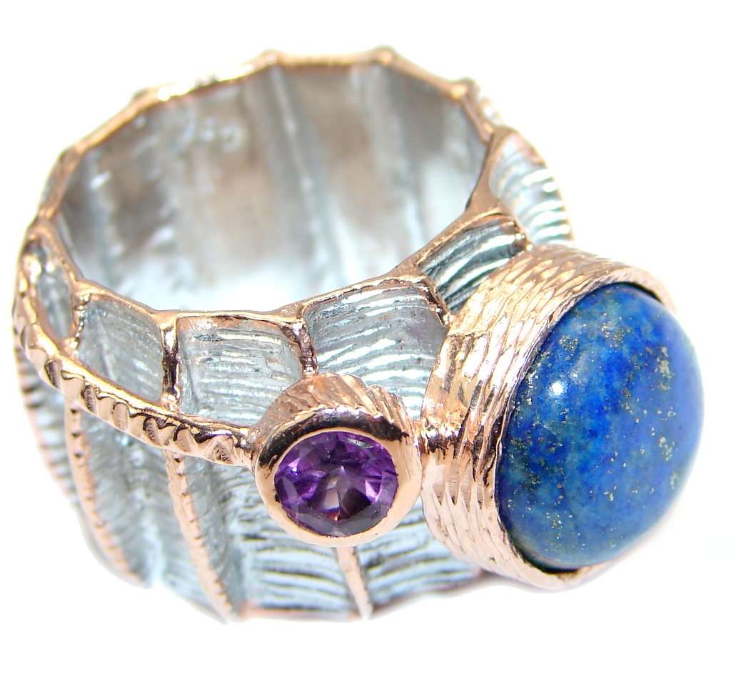 Ultra modern Royal Blue Lapis Lazuli Rose Gold plated over Sterling Silver Ring s. 6 1/2