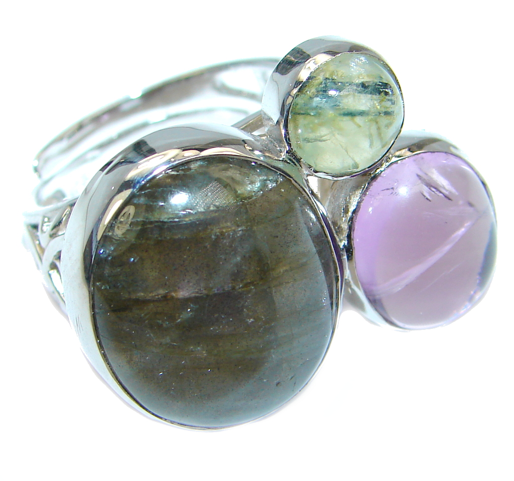 Blue Aura Fire Labradorite Amethyst Prehnite Sterling Silver ring size 7 1/2