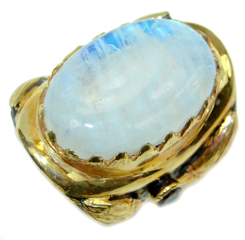 Huge Fire Moonstone Gold plated over Sterling Silver handmade ring size 8