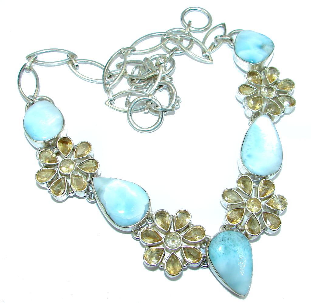 Mega Chunky Larimar Citrine Sterling Silver handcrafted necklace
