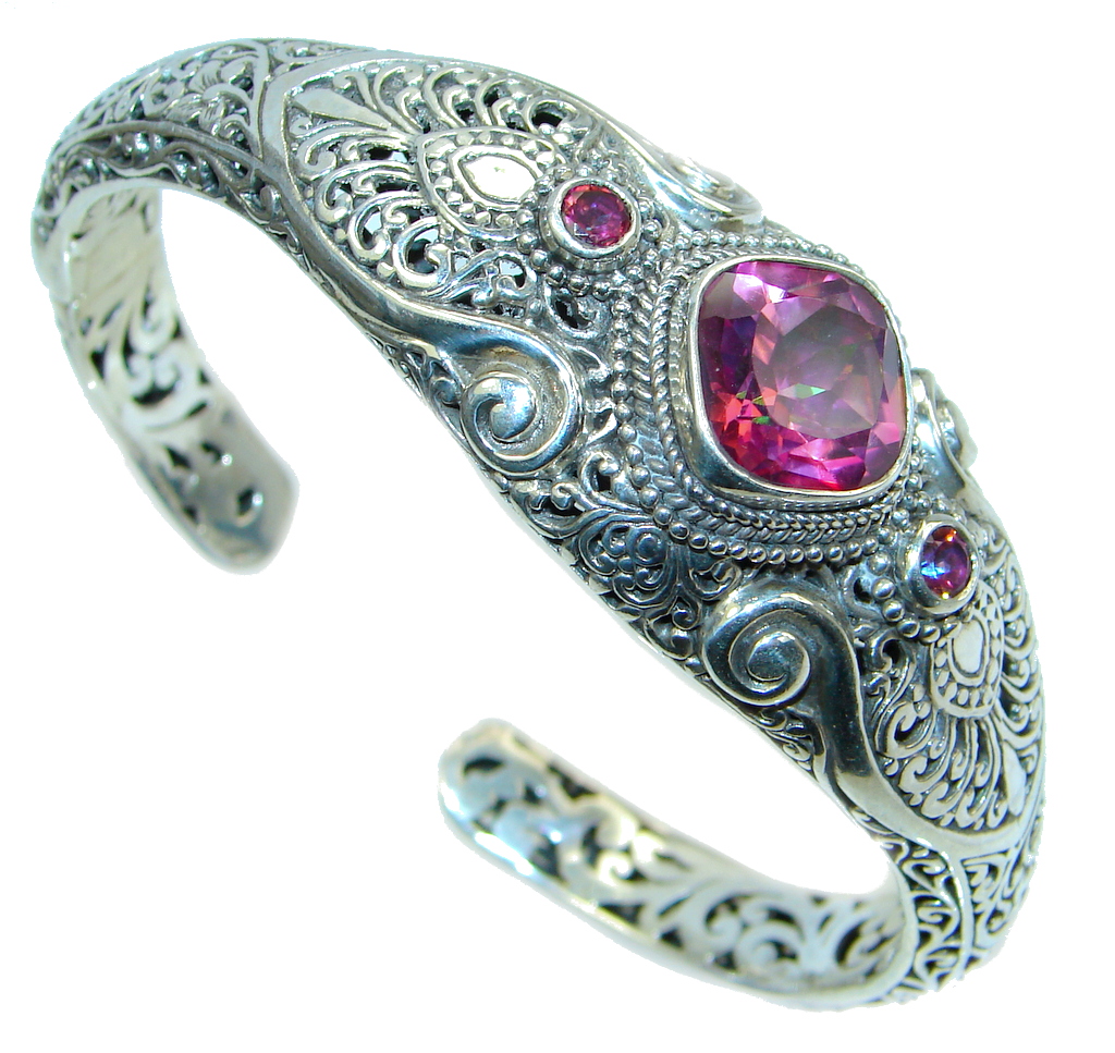 Real Treasure Bali Made Pink Rainbow Topaz Sterling Silver Bracelet / Cuff