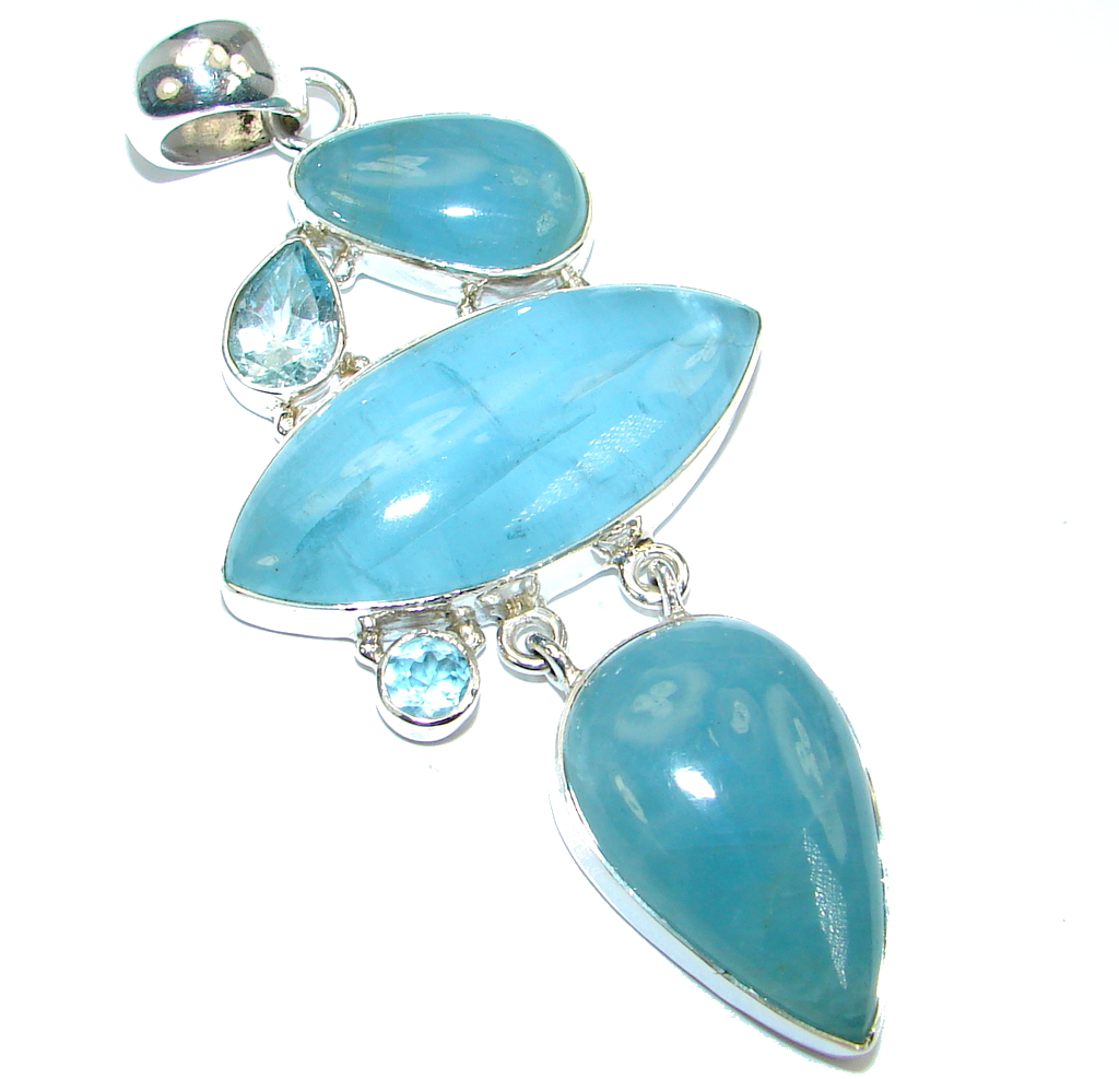 Large Genuine Aquamarine Swiss Blue Topaz Sterling Silver handmade Pendant