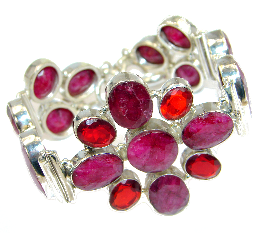 Great Red Ruby and Quartz Sterling Silver handmade Bracelet