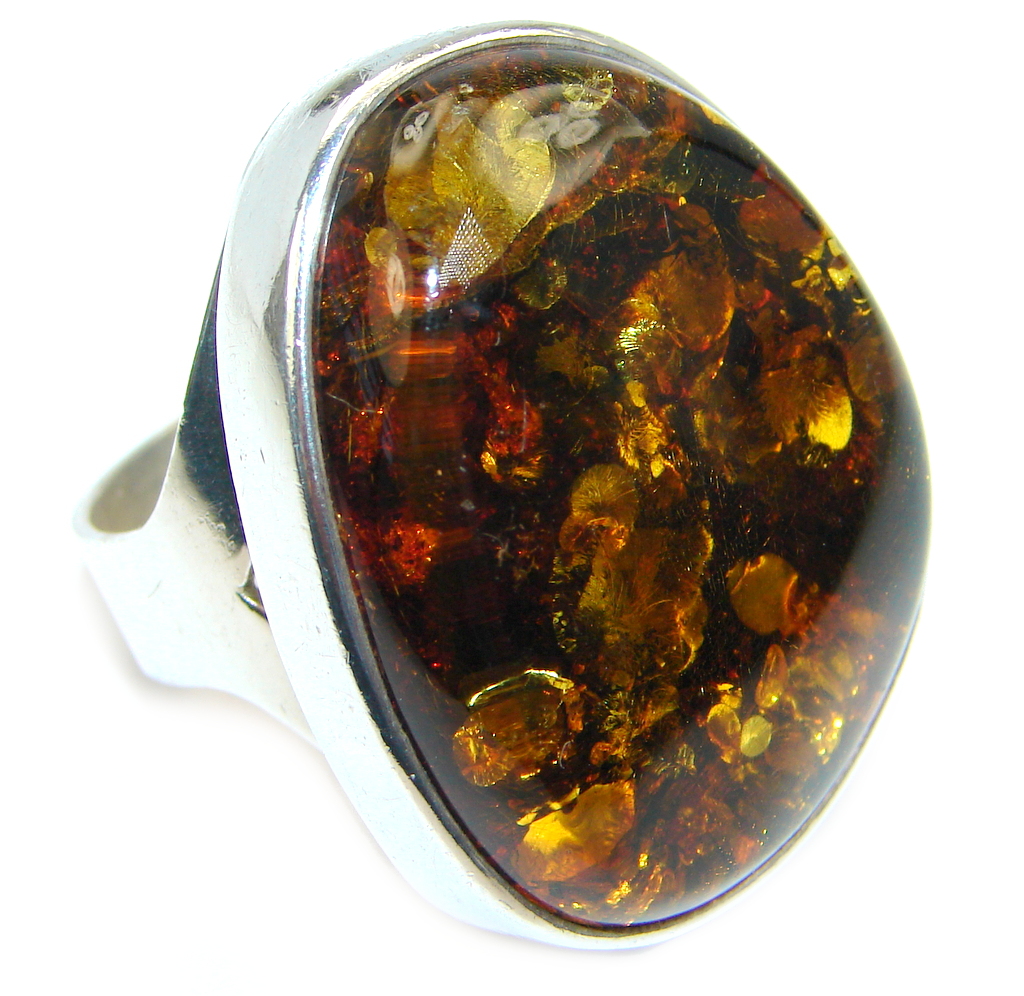 Chunky Genuine Baltic Polish Amber Sterling Silver handmade Ring size 10 1/2