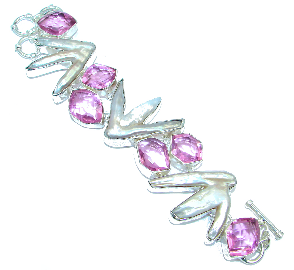Huge Amazing Mother Of Pearl Pink Quartz Sterling Silver handmade Bracelet