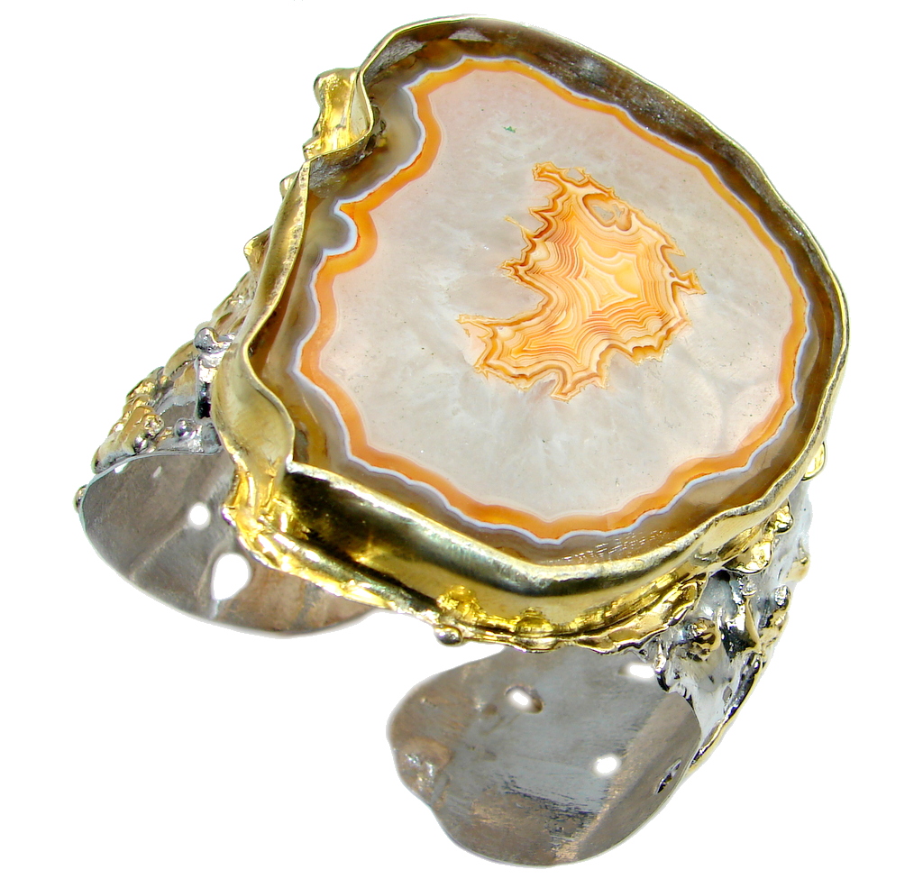 Handmade Natural Big Cab 218 Ct Orange Agate Two Tones 925 Sterling Silver Cuff 3 Inches wide