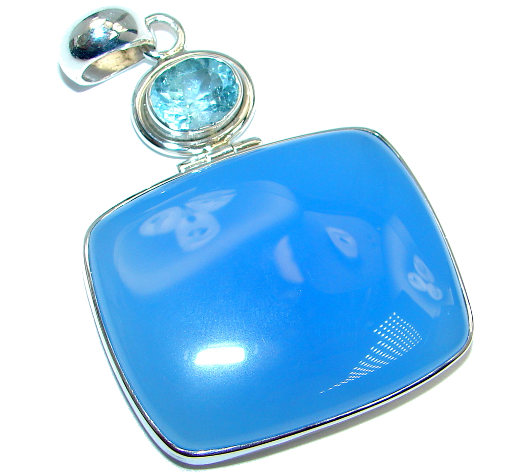 Blue Aura Chalcedony Agate Swiss Blue Topaz Sterling Silver handmade Pendant
