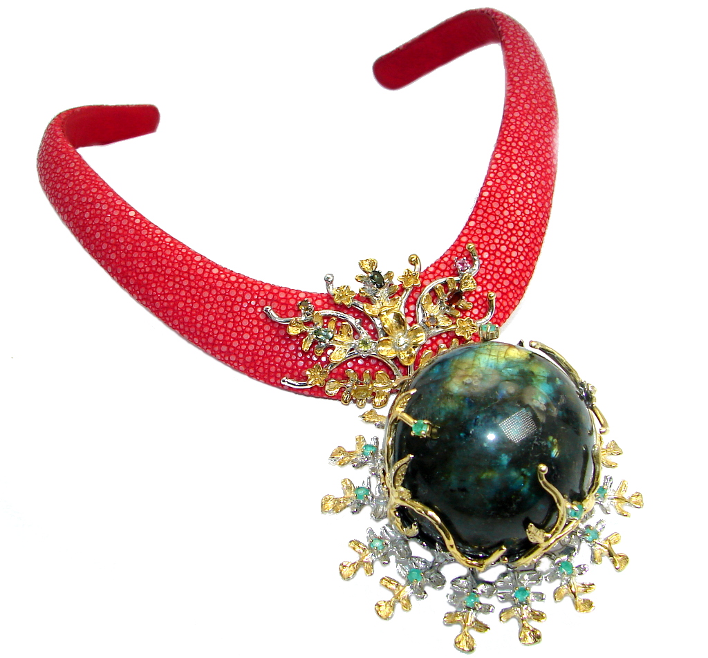 Huge 261.1 grams Sphere of life Genuine Labradorite Sterling Silver Stingray Leather handmade necklace