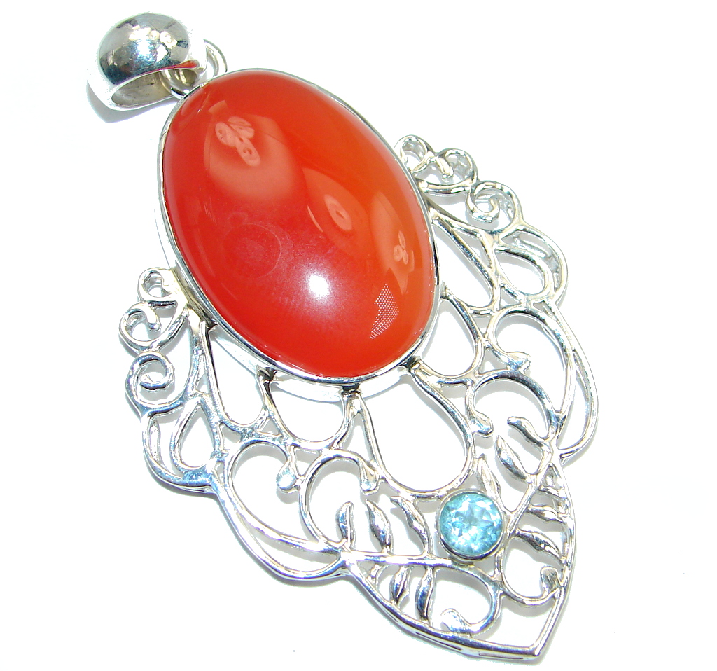 Beautiful Carnelian Swiss Blue Topaz Sterling Silver handmade Pendant